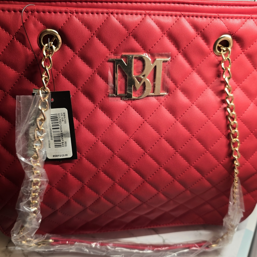 NWT Badgley Mischka Red Quilted Shoulder Bag with Gold Chain